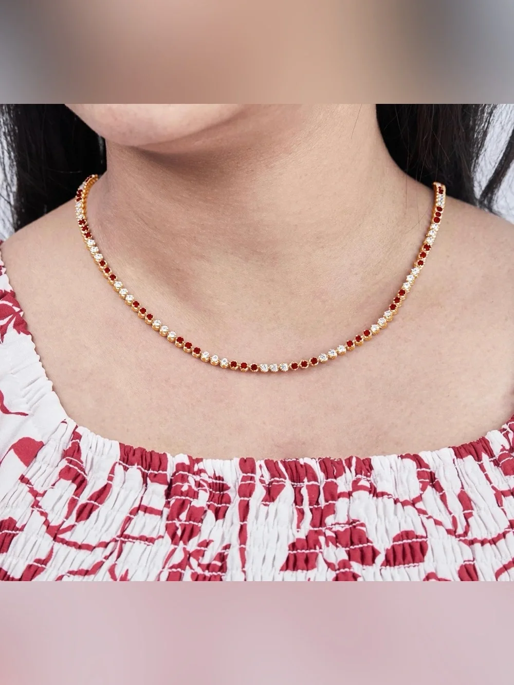 6.7 CTW Diamond Ruby Tennis Necklace 925 Sterling Silver 14K Yellow Gold Plated